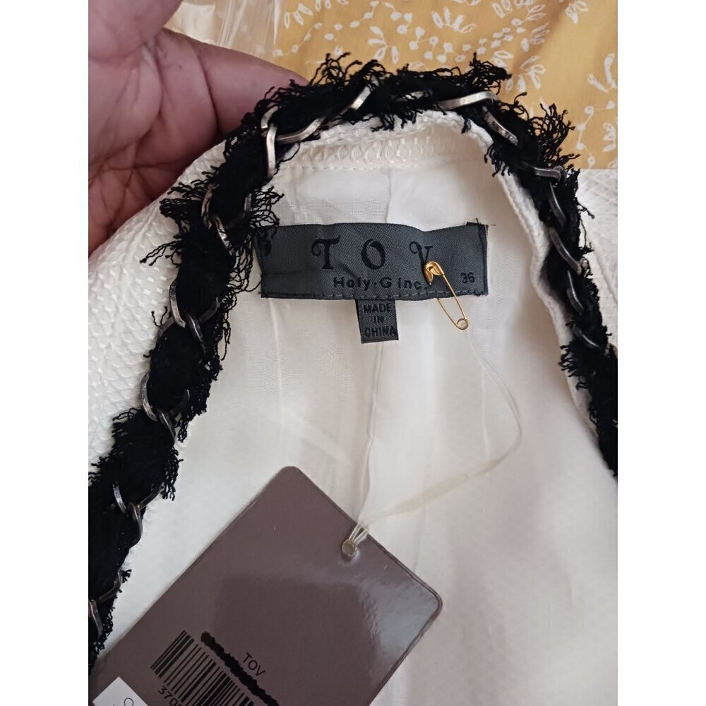 Holy Gino by tov   Womens Blazer With Black Fringe Trim Cream Color Size 36 - Picture 10 of 11